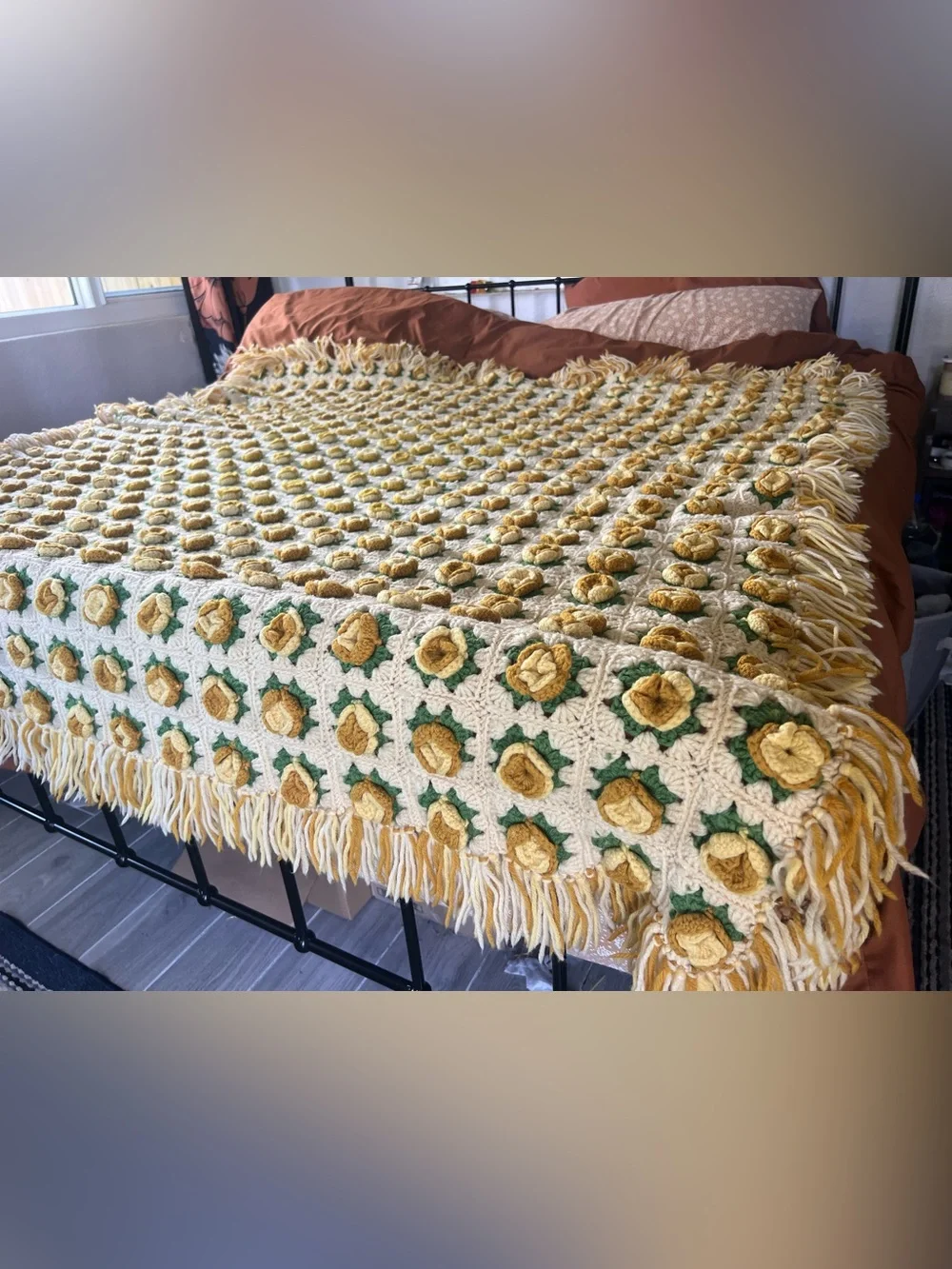 Vintage Crochet Granny Square Blanket Roses Fringe